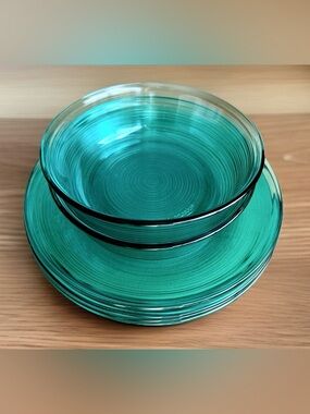 Arcoroc Green Turquoise Jardiniere Ribbed Glass Bowls & Plates France LOT OF 6